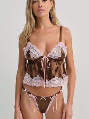 NWT (S/M) For Love & Lemons Jaden Cami & Thong, chocolate satin strawberry lace